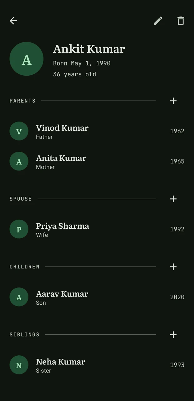 The same person screen in dark mode, in deep green and bone.