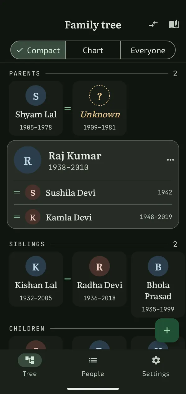 The Android app in Compact mode, reading Raj Kumar’s parents, partners, siblings and children.