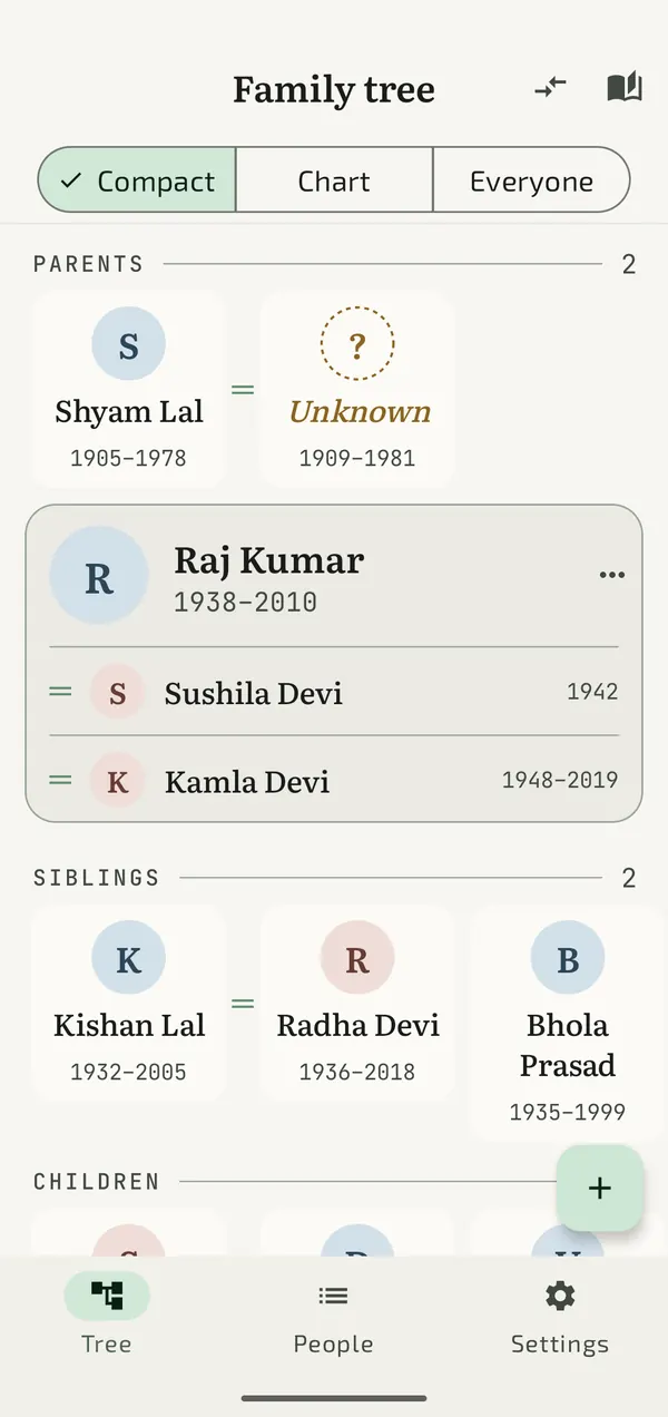 The Android app in Compact mode, reading Raj Kumar’s parents, partners, siblings and children.